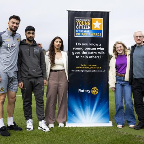 Wolves captain Maximilian Kilman with previous winners Luis Enache, Imane Sbihi, Eva Abley and Mel Eves from the Young Citizen of the Year Committee