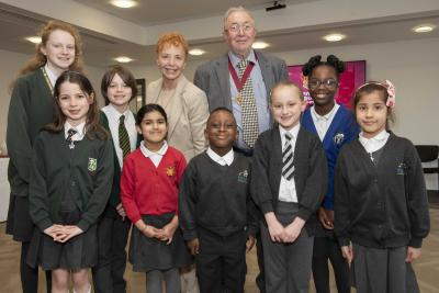 The Mayor and Mayoress of Wolverhampton, Councillor Phil Page and Elaine Hadley-Howell, with some of the winners of the schools’ Fairtrade poster competition