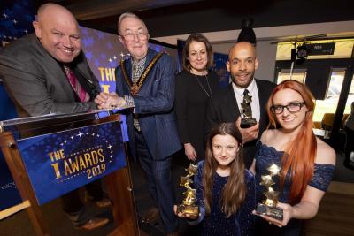 Celebrating success at the I Awards are young people Belle Kisby and Casey Gavin with Dicky Dodd, Mayor of Wolverhampton Councillor Phil Page, Matt Murray and the City of Wolverhampton Council's Director of Children's Services Emma Bennett