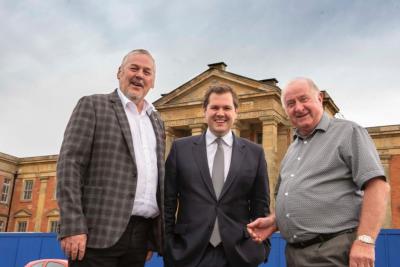 (l-r) Councillor Ian Brookfield, Secretary of State, Robert Jenrick MP, and West Midlands Combined Authority Portfolio Lead for Housing and Land, Councillor Mike Bird, outside the former Royal Hospital site
