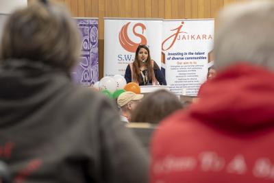 Speaking at the launch of the helpline – 0800 953 9777 – is Jaikara chair and City of Wolverhampton Councillor Rupinderjit Kaur