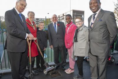 (L-R): HRH The Duke of Gloucester buries the time capsule with schools’ competition winners Nicolas Janisz (St Stephen’s Primary School), Christina Izogie (formerly of Woden Primary School) and Reece Brookes (Trinity CofE Primary School), alongside Mayor of Wolverhampton, Councillor Claire Darke, Heath Town photographer/historian, Vic Collins, and Deputy Lieutenant for the West Midlands, Mr Martin Levermore