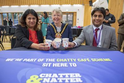 Catching up with the Mayor of Wolverhampton Councillor Claire Darke at the Chatty Cafe launch at the Bob Jones Community Hub recently are Health Improvement Officer Anita Patel and Consultant in Public Health Dr Ankush Mittal
