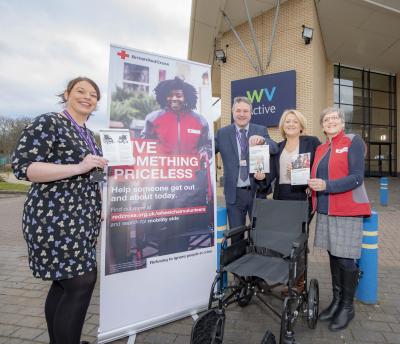 Launching the new Mobility Aids Service distribution point at WV Active Aldersley are, left to right, City of Wolverhampton Council Asset Officer Hayley Kelly, WV Active Centre Manager Paul Watson, Cabinet Member for Adult Services Councillor Linda Leach and Cynthia Sweeney from the British Red Cross Mobility Aids Service