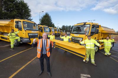 Councillor Steve Evans, cabinet member for city environment, with the new fleet of gritting lorries and members of the winter service team (l-r) Vijay Kumar, David Onions, Kevin Tinsley, Martin Harper and David Hodson