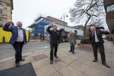 (l-r): Council Leader, Councillor Ian Brookfield, AEG Presents CEO, Steve Homer, Cabinet Member for City Economy, Cllr Stephen Simkins, and Council Chief Executive, Tim Johnson, outside Wolverhampton Civic Halls