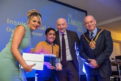 (L-R) Councillor Beverley Momenabadi Cabinet Member for Children and Young People, Pavanveer Singh Sunner overall winner of inspirational award, Tim Johnson Chief Executive City of Wolverhampton Council, Mayor of Wolverhampton, Councillor Greg Brackenridge