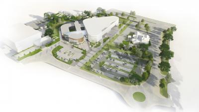 Computer generated aerial view of what new Bilston Health and Wellbeing Hub next to existing WV Active Bilston-Bert Williams could look like