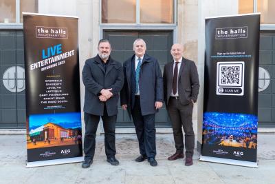 (L-R): AEG Presents UK CEO, Steve Homer, Council Leader, Cllr Ian Brookfield, and Council Chief Executive, Tim Johnson, outside The Halls Wolverhampton to celebrate the handover of the venue