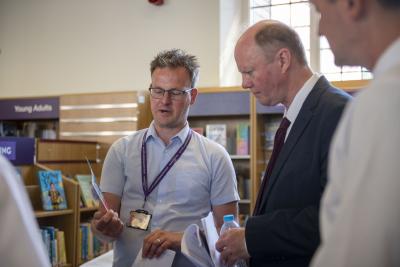 Professor Chris Whitty, England’s Chief Medical Officer, speaks to the City of Wolverhampton Council's Principal Public Health Specialist Matthew Leak about some of the health interventions available at Central Library and other community venues across the city