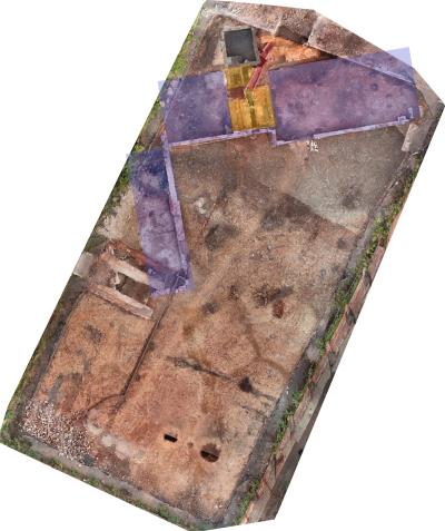 Aerial image of excavation Area 2, with features from the japanning factory building highlighted