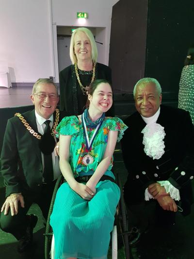Megan Baynham with, left to right, the Mayor of Wolverhampton Councillor Dr Michael Hardacre, the Mayor’s Consort Lynn Plant and the High Sheriff of the West Midlands Wade Cleone Lyn CBE CD DL