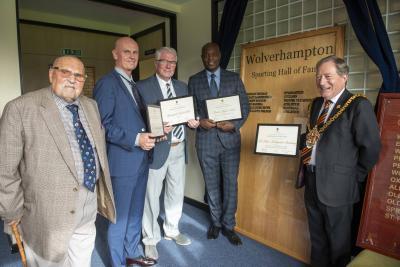 Sporting Hall of Fame inductees celebrated their achievements on Saturday. Pictured, left to right, are Peter Holmes MBE, Chairman of Wolverhampton City Sports Advisory Council, Steve Howe, Don Howe's son, John Priest, President of Springvale Cricket Club, David Lloyd Nelson, hurdler, and the Mayor of Wolverhampton, Councillor Dr Michael Hardacre
