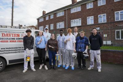 Taking part in the Changing Rooms activity were young people (left to right) Destiny Hynd, Theo Hynd, Melissa Ball, Saad Maroof, Callum Allatt and David Griffin, pictured with Councillor Chris Burden, the City of Wolverhampton Council's Cabinet Member for Children and Young People, and Cameron Shah and James Webb from Tony Davies from Tony Davies Painting and Decorating Services