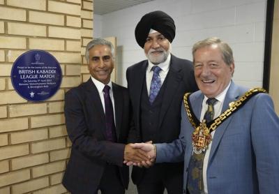 Ashok Das, President of the World Kabaddi and England Kabaddi, left, was joined by Councillor Bhupinder Gakhal, Cabinet Member for Visitor City, and the Mayor of Wolverhampton, Councillor Dr Michael Hardacre, for the unveiling of the plaque in October last year