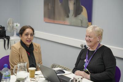 Councillor Jasbir Jaspal, Cabinet Member for Adults and Wellbeing, chats to staff member Gill Astbury at Dove Family Hub