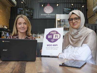 Councillor Obaida Ahmed, Cabinet Member for Digital and Community at City of Wolverhampton Council and Lucie Tait-Harris, project manager for Central Community Shop and Pomegranate Café