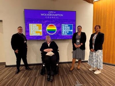 Stonewall announcement, l-r: Bethany Coey-Archer (she/her), Chair of the Rainbow Staff Equality Forum; Councillor Paula Brookfield, Cabinet Member for Governance and Equalities; Charlotte Johns, Executive Director of Economy and Jin Takhar (she/her), Head of Equality Diversity and Inclusion