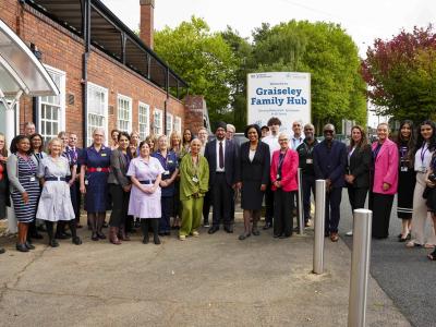 Minister for Children and Families, Janet Daby, with representatives from Graiseley Family Hub and Royal Wolverhampton NHS Trust’s school  nursing, health visiting and community midwife teams