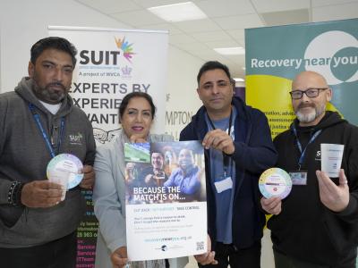 Vijay Sahota from Wolverhampton’s Service User Involvement Team (SUIT), Councillor Jasbir Jaspal, the City of Wolverhampton Council’s Cabinet Member for Adults and Wellbeing, Satesh Nayyar from Recovery Near You and Marcus Johnson from SUIT are supporting the new campaign