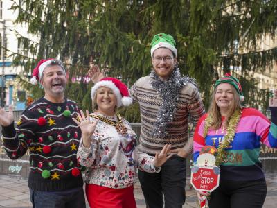 Anthony Burns, CEO of Paycare, The Mayor of Wolverhampton, Councillor Linda Leach, Councillor Chris Burden, Cabinet Member for City Development, Jobs, and Skills and Anna Bamford, Paycare Marketing Manager, launch the Christmas programme