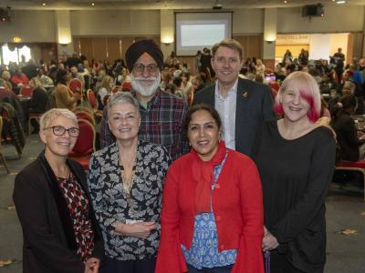 At the conference were, back, left to right, keynote speaker Dr Gurnam Singh, Andrew Wolverson, the council's Director of Adult Social Care, and keynote speaker Jenni Guthrie, and front, left to right, Alison Hinds, Director of Children’s Services; Councillor Jacqui Coogan, Cabinet Member for Children, Young People and Education, and Councillor Jasbir Jaspal, Cabinet Member for Adults and Wellbeing