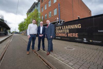 (L-R): City of Wolverhampton College Deputy Chief Executive, Peter Merry, new Mayor of the West Midlands, Richard Parker, and City of Wolverhampton Council Leader, Cllr Stephen Simkins, at the site where the new £61m City Learning Quarter campus is being developed in the city centre