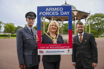 Armed Forces Day 2024. Pictured l-r: Paul Nicholls, Royal British Legion, Mayor of Wolverhampton, Councillor Linda Leach and Robert Williams, IPT Lead Military Aftermarket at Collins Aerospace Actuation Systems and Chair of the Veterans Employee Resource Group
