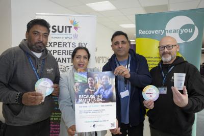 Vijay Sahota from Wolverhampton’s Service User Involvement Team (SUIT), Councillor Jasbir Jaspal, the City of Wolverhampton Council’s Cabinet Member for Adults and Wellbeing, Satesh Nayyar from Recovery Near You and Marcus Johnson from SUIT are supporting the new campaign