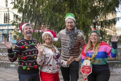 Anthony Burns, CEO of Paycare, The Mayor of Wolverhampton, Councillor Linda Leach, Councillor Chris Burden, Cabinet Member for City Development, Jobs, and Skills and Anna Bamford, Paycare Marketing Manager, launch the Christmas programme