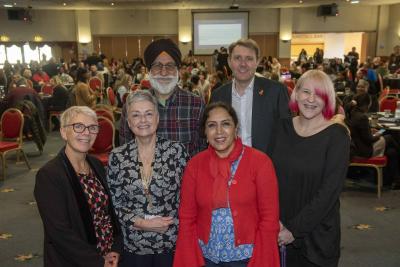 At the conference were, back, left to right, keynote speaker Dr Gurnam Singh, Andrew Wolverson, the council's Director of Adult Social Care, and keynote speaker Jenni Guthrie, and front, left to right, Alison Hinds, Director of Children’s Services; Councillor Jacqui Coogan, Cabinet Member for Children, Young People and Education, and Councillor Jasbir Jaspal, Cabinet Member for Adults and Wellbeing