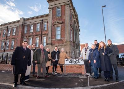 From left to right: Councillor Andrew McNeil, whg’s director of stronger communities Connie Jennings, Councillor Paul Appleby, leader of City of Wolverhampton Council Councillor Stephen Simkins, Mayor of Wolverhampton Councillor Linda Leach, Neville’s grandson Tom Plested, daughter Sharon Plested, son Lee Patten and partner Sue Fellows, Neville’s grandson Callum Patten, family friend Jane Stevenson and Councillor Simon Bennett, Conservative leader of the opposition