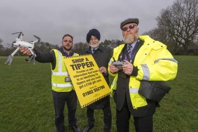 Drone: The new tool in the council’s fight against fly tipping in the city. (LTR) Thomas Hawkins, section leader - fly tipping, Councillor Bhupinder Gakhal, cabinet member for resident services and Ian Crutchley, senior compliance officer