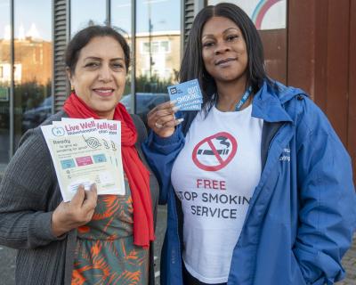 Councillor Jasbir Jaspal, Cabinet Member for Adults and Wellbeing, and Erica Phillip-Hamilton, Community Champion at the Bob Jones Community Hub, are promoting the Live Well Wolverhampton service which is helping residents to quit smoking and manage their weight