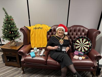 Mayor of Wolverhampton, Councillor Linda Leach, with some of the lots up for grabs in her charity auction