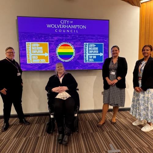 Stonewall announcement, l-r: Bethany Coey-Archer (she/her), Chair of the Rainbow Staff Equality Forum; Councillor Paula Brookfield, Cabinet Member for Governance and Equalities; Charlotte Johns, Executive Director of Economy and Jin Takhar (she/her), Head of Equality Diversity and Inclusion