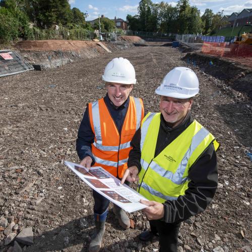 (L-R): Chris Timmins, Morro Partnerships Managing Director, and Councillor Steve Evans, City of Wolverhampton Council Deputy Leader and Cabinet Member for Housing, at the Ettingshall Road housing development