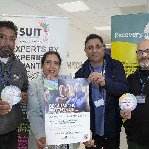 Vijay Sahota from Wolverhampton’s Service User Involvement Team (SUIT), Councillor Jasbir Jaspal, the City of Wolverhampton Council’s Cabinet Member for Adults and Wellbeing, Satesh Nayyar from Recovery Near You and Marcus Johnson from SUIT are supporting the new campaign