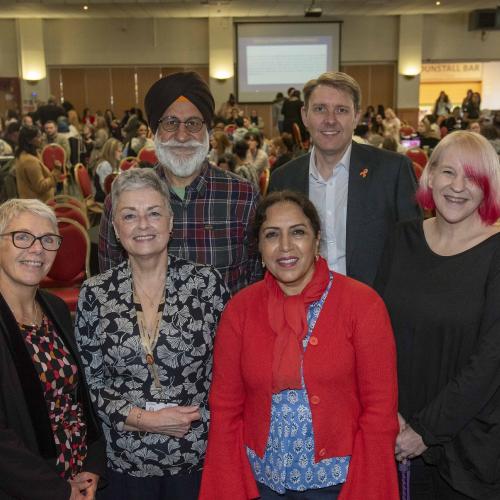 At the conference were, back, left to right, keynote speaker Dr Gurnam Singh, Andrew Wolverson, the council's Director of Adult Social Care, and keynote speaker Jenni Guthrie, and front, left to right, Alison Hinds, Director of Children’s Services; Councillor Jacqui Coogan, Cabinet Member for Children, Young People and Education, and Councillor Jasbir Jaspal, Cabinet Member for Adults and Wellbeing