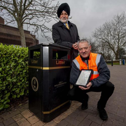 Monitoring information from the new bin sensors are (back) Councillor Bhupinder Gakhal, cabinet member for resident services at City of Wolverhampton Council, with Andy Moore, Public Realm team leader