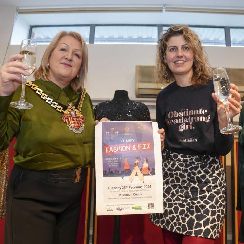 The Mayor of Wolverhampton Councillor Linda Leach and Beacon Centre Chief Executive Lisa Cowley preparing for the fashion show